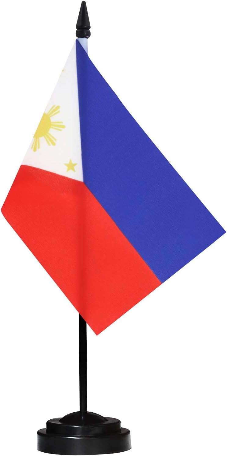 Anley Philippines Deluxe Desk Flag Set - 6 x 4 Inch Miniature Philippine Desktop Flag with 12" Solid Pole - Vivid Color and Fade Resistant - Black Base and Spear Top - Image 1